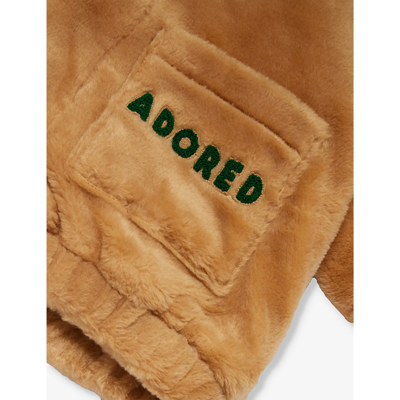 Shop Mini Rodini Boys Beige Kids Slogan-embroidered Hooded Faux-shearling Jacket 18 Months - 9 Years