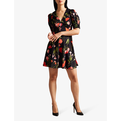 Shop Ted Baker Sienno Puff-sleeve Floral-print Woven Mini Dress In Black