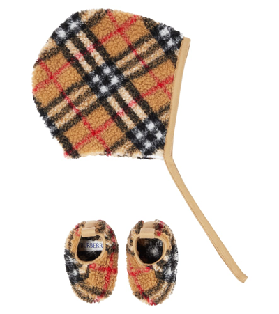 Shop Burberry Baby  Check Hat And Booties Set In Beige