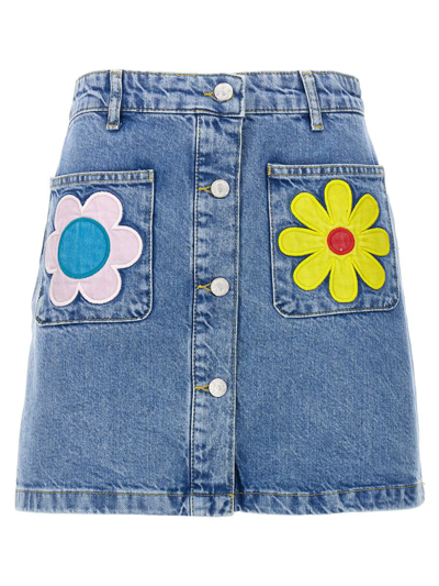 Shop Mo5ch1no Jeans Floral Embroidery Skirt In Blue