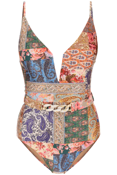 Shop Zimmermann Devi Plunge One-piece Swimsuit In Multicolor