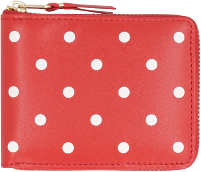 Comme Des Garçons Dot Printed Leather Zip Around Wallet In Red