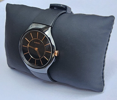 Pre-owned Rado Thinline 30mm Ladies Swiss Watch Black Ceramic Rose Gold Dial R27742159