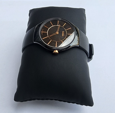 Pre-owned Rado Thinline 30mm Ladies Swiss Watch Black Ceramic Rose Gold Dial R27742159