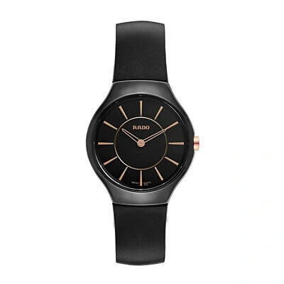 Pre-owned Rado Thinline 30mm Ladies Swiss Watch Black Ceramic Rose Gold Dial R27742159