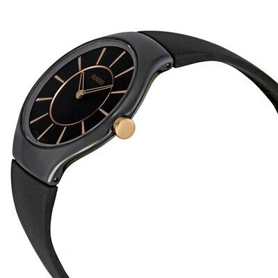 Pre-owned Rado Thinline 30mm Ladies Swiss Watch Black Ceramic Rose Gold Dial R27742159
