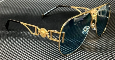 Pre-owned Versace Ve2255 10021 Gold Blue Unisex Large 63 Mm Sunglasses