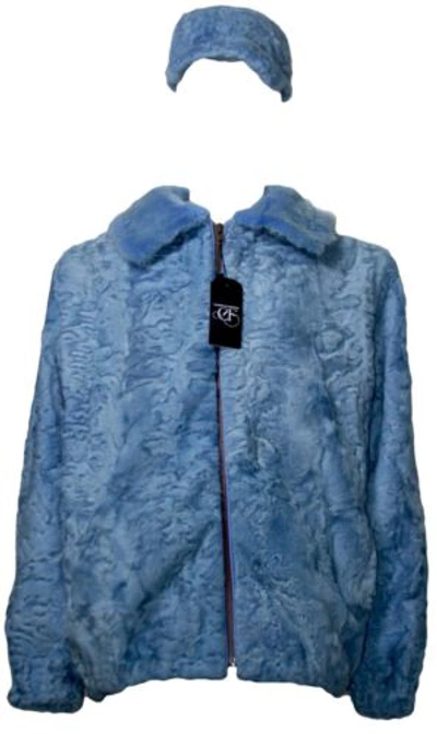 Pre-owned Handmade Sky Blue Real Fur Persian Lamb Fur Karakul Lamb Fur Bomber Jacket Mink Collar