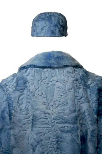 Pre-owned Handmade Sky Blue Real Fur Persian Lamb Fur Karakul Lamb Fur Bomber Jacket Mink Collar