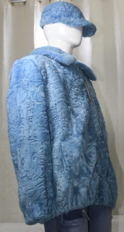Pre-owned Handmade Sky Blue Real Fur Persian Lamb Fur Karakul Lamb Fur Bomber Jacket Mink Collar