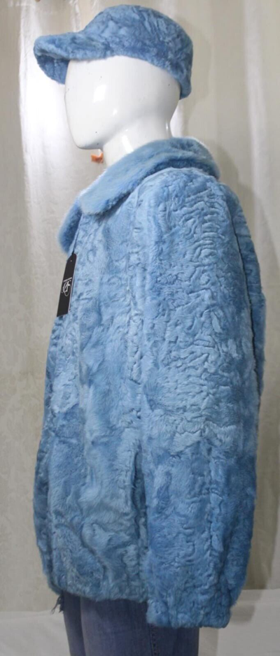 Pre-owned Handmade Sky Blue Real Fur Persian Lamb Fur Karakul Lamb Fur Bomber Jacket Mink Collar