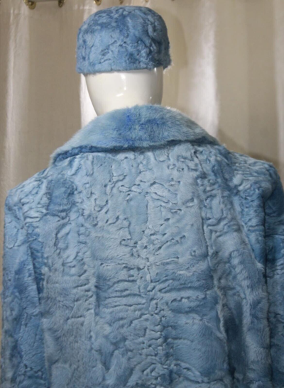 Pre-owned Handmade Sky Blue Real Fur Persian Lamb Fur Karakul Lamb Fur Bomber Jacket Mink Collar