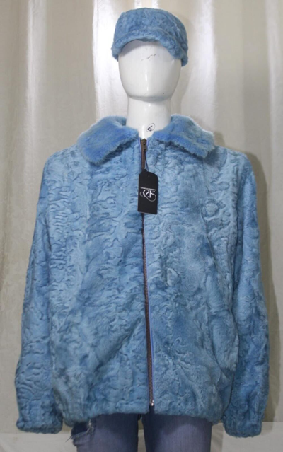 Pre-owned Handmade Sky Blue Real Fur Persian Lamb Fur Karakul Lamb Fur Bomber Jacket Mink Collar