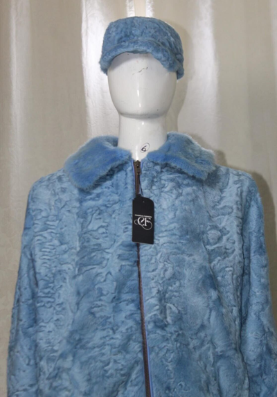 Pre-owned Handmade Sky Blue Real Fur Persian Lamb Fur Karakul Lamb Fur Bomber Jacket Mink Collar