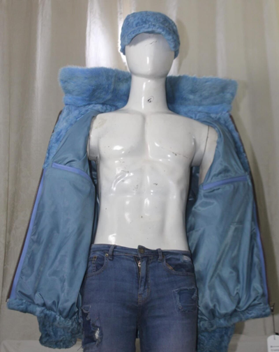 Pre-owned Handmade Sky Blue Real Fur Persian Lamb Fur Karakul Lamb Fur Bomber Jacket Mink Collar