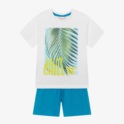Shop Boboli Boys Blue Cotton Palm Leaf Shorts Set