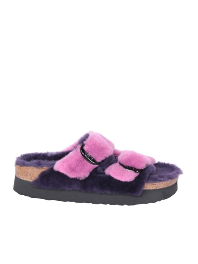 Shop Birkenstock Purple Leather And Fur Sandals