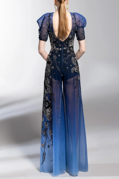 Shop Saiid Kobeisy Gradient Printed Tulle Jumpsuit With Beading In Blue