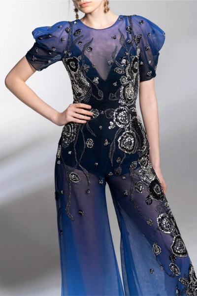 Shop Saiid Kobeisy Gradient Printed Tulle Jumpsuit With Beading In Blue