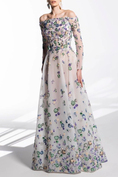 Saiid Kobeisy Tulle Beaded Dress With Off-shoulder Sleeves In White