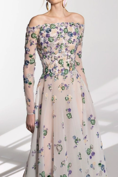 Saiid Kobeisy Tulle Beaded Dress With Off-shoulder Sleeves In White