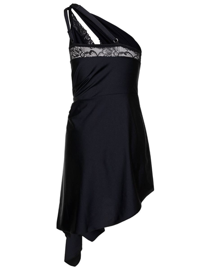 Shop Coperni Mini Black Asymmetric Dress With Lace Detail In Polyamide Woman
