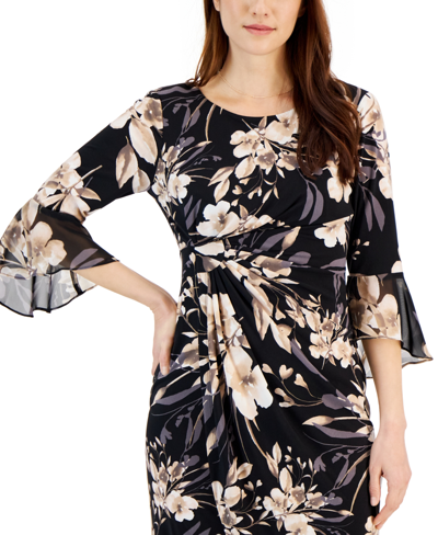Shop Connected Petite Printed Side-tab Chiffon Sheath Dress In Taupe