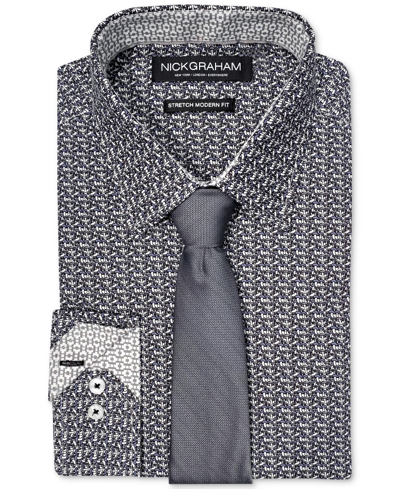 Shop Nick Graham Men's Slim-fit Performance Stretch Mushroom-print Dress Shirt & Slim Tie Set In Grey