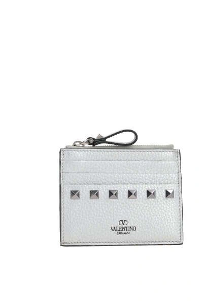 Shop Valentino Garavani Rockstud Logo Embossed Wallet In Silver