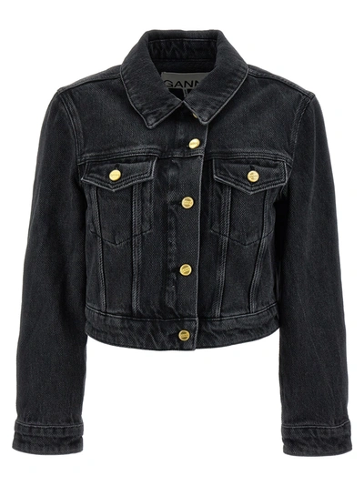 Shop Ganni Cropped Denim Jacket Blazer And Suits In Black