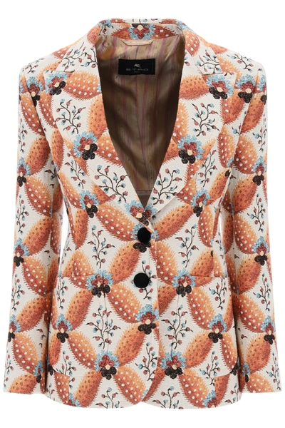 Shop Etro Jacquard Jacket With Floral Motif In Beige, Orange