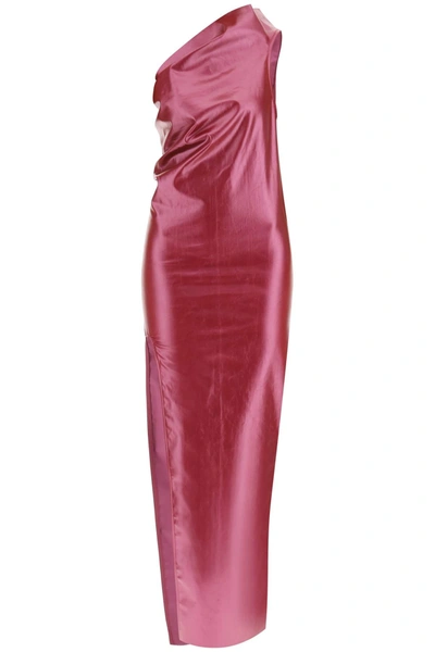 Shop Rick Owens One Shoulder Long Dress In Laquered Denim In Fuchsia