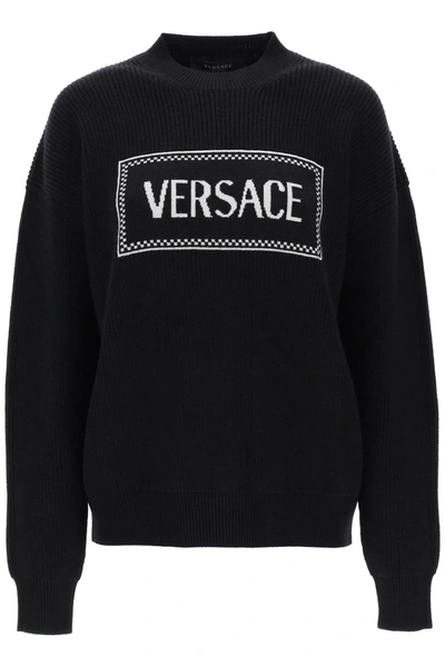Shop Versace Crew Neck Sweater With Logo Inlay In Black