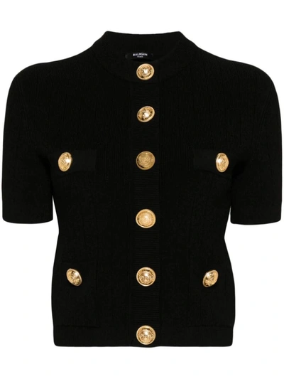 Shop Balmain Short Sleeve Buttoned Knit Short Cardigan Clothing In Black