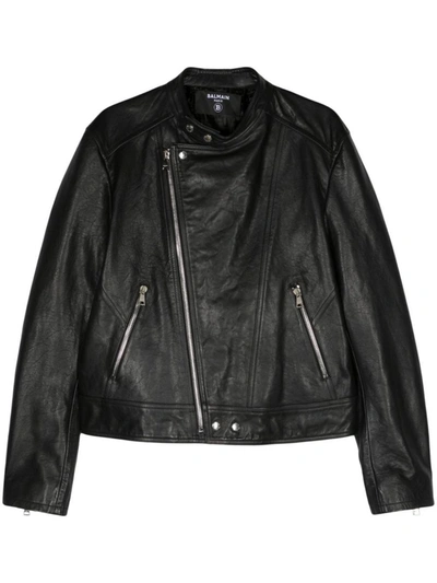 Shop Balmain Zipped Calfskin Biker Jacket Clothing In Black