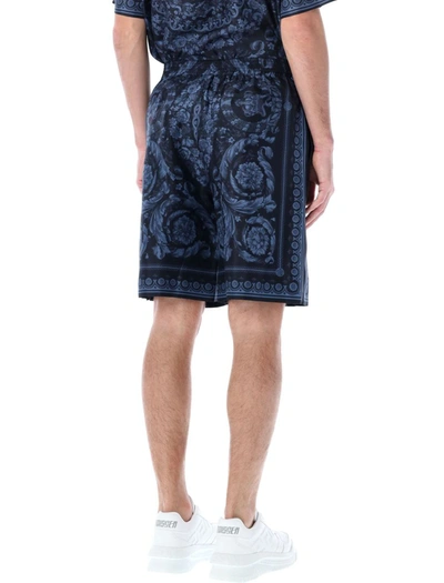 Shop Versace Barocco Silk Shorts In Navy Blue