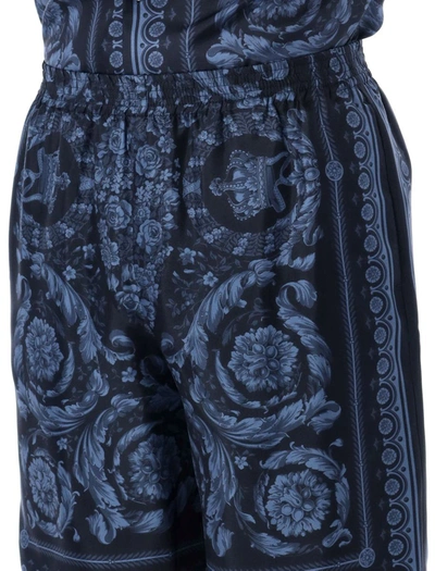Shop Versace Barocco Silk Shorts In Navy Blue
