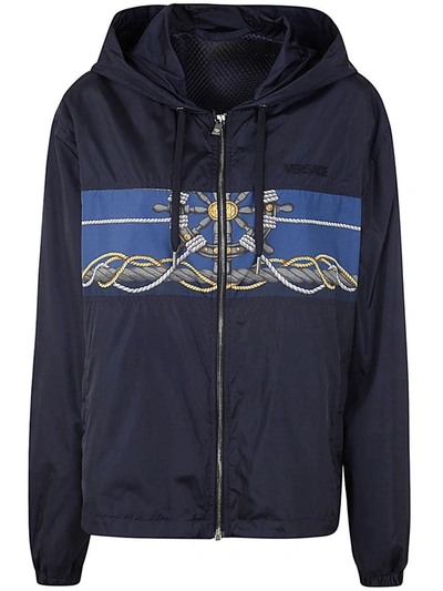 Shop Versace Blouson Technical Fabric And Poly Twill With Nautical Print + Writing Embroidery Clothing In Blue