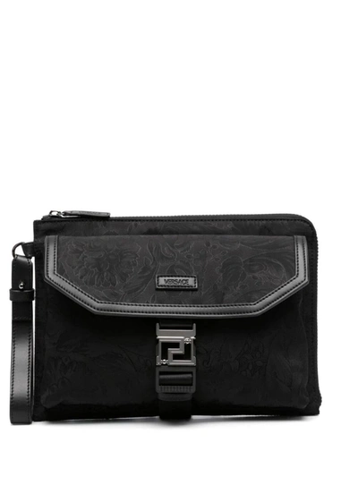 Shop Versace Zipper Pouch Fabric Nylon Baroque Bags In Black