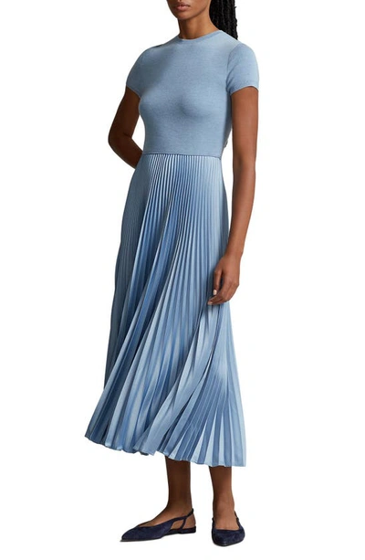 Shop Ralph Lauren Short Sleeve Pleat Dress In Chambray Blue