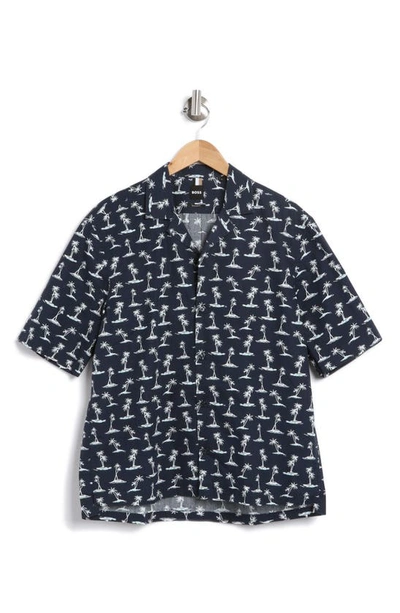 Shop Hugo Boss Boss Lars Palm Tree Short Sleeve Button-up Camp Shirt In Dark Blue