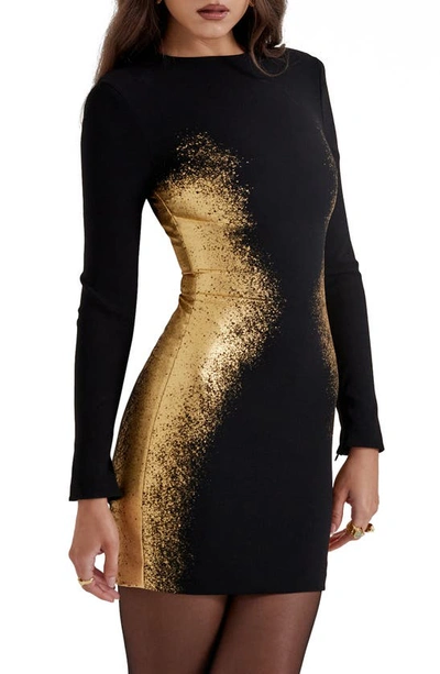 House Of Cb Domenica Foil Long Sleeve Minidress In Black