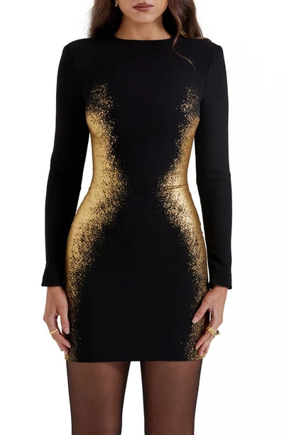House Of Cb Domenica Foil Long Sleeve Minidress In Black
