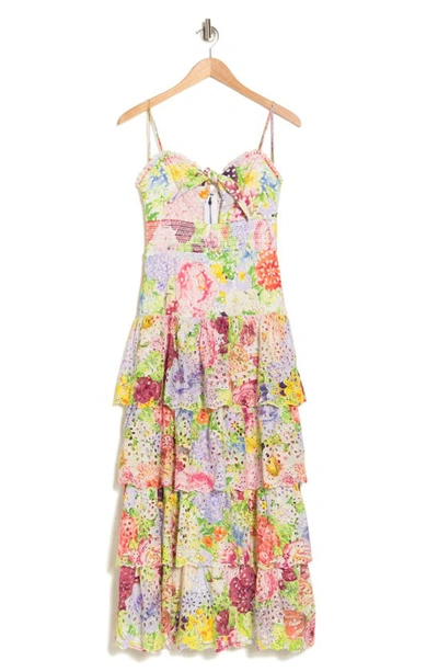 Shop Alice And Olivia Fina Floral Embroidered Eyelet Ruffle Tiered Midi Dress In Dawn Floral
