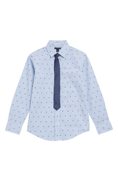 Shop Tommy Hilfiger Kids' H Print Stretch Dress Shirt With Tie In Blue