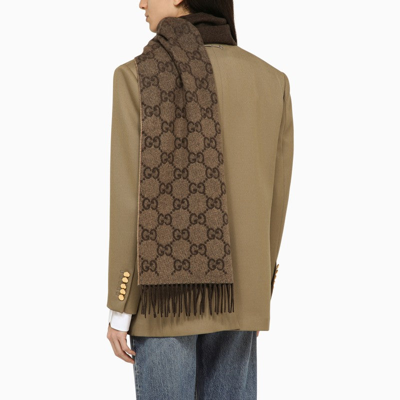 Shop Gucci Beige/brown Cashmere Scarf With Logo Women In Cream