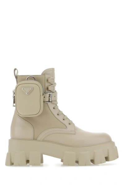 Shop Prada Woman Sand Leather And Re-nylon Monolith Boots In Brown