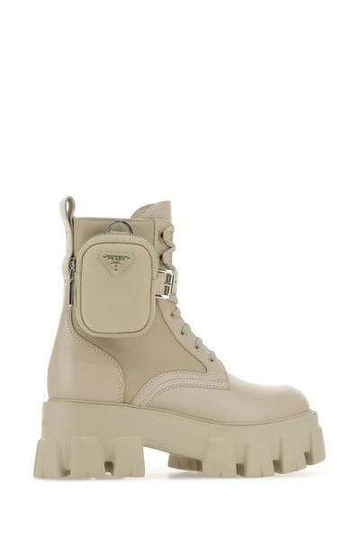 Shop Prada Woman Sand Leather And Re-nylon Monolith Boots In Brown