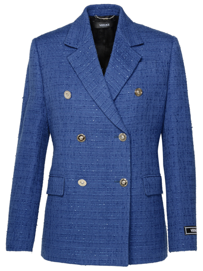 Shop Versace Woman  Blue Cotton Blend Blazer