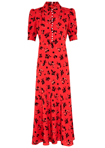 Shop Alessandra Rich Floral-print Silk Midi Dress In Red
